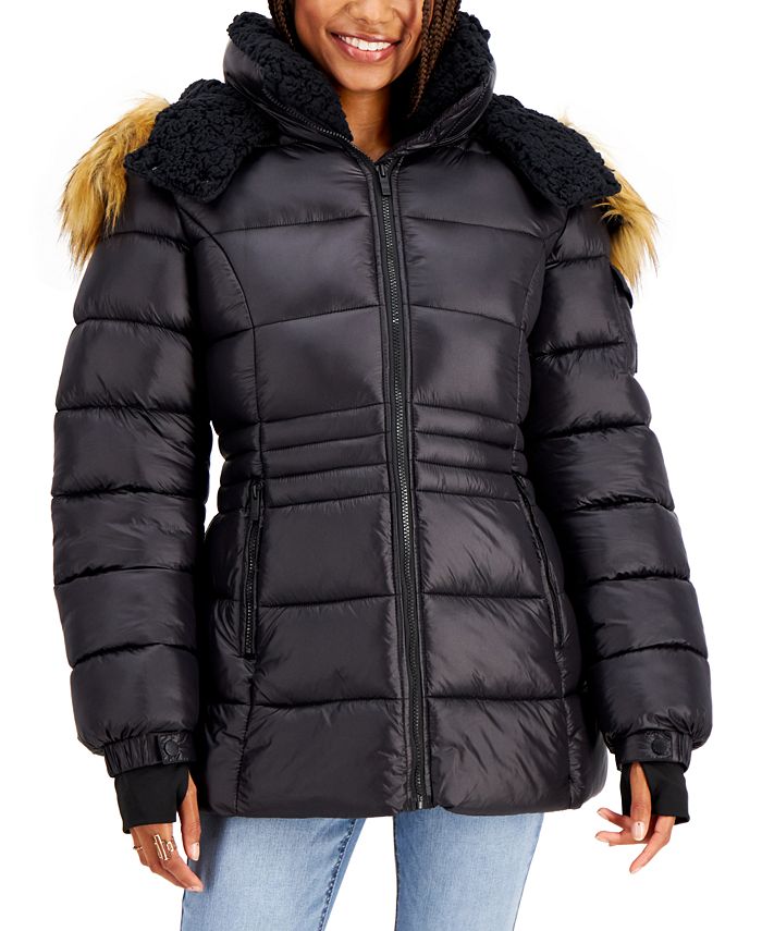 DKNY High-Shine Faux-Fur Trim Hooded Puffer Coat - Macy's