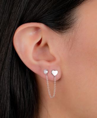 Chain-Connected Heart & Cubic Zirconia Double Stud Earrings in Sterling Silver