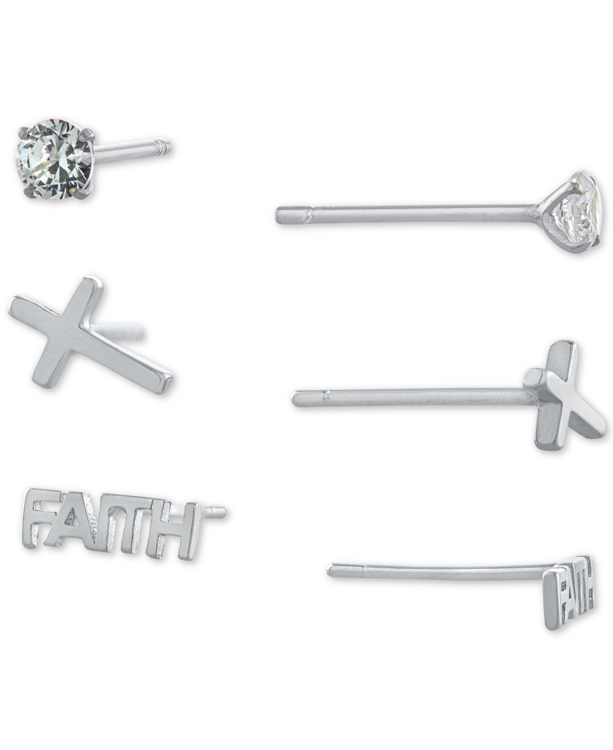 3-Pc. Set Cubic Zirconia & Faith-Themed Stud Earrings in Sterling Silver, Created for Macy's - Sterling Silver