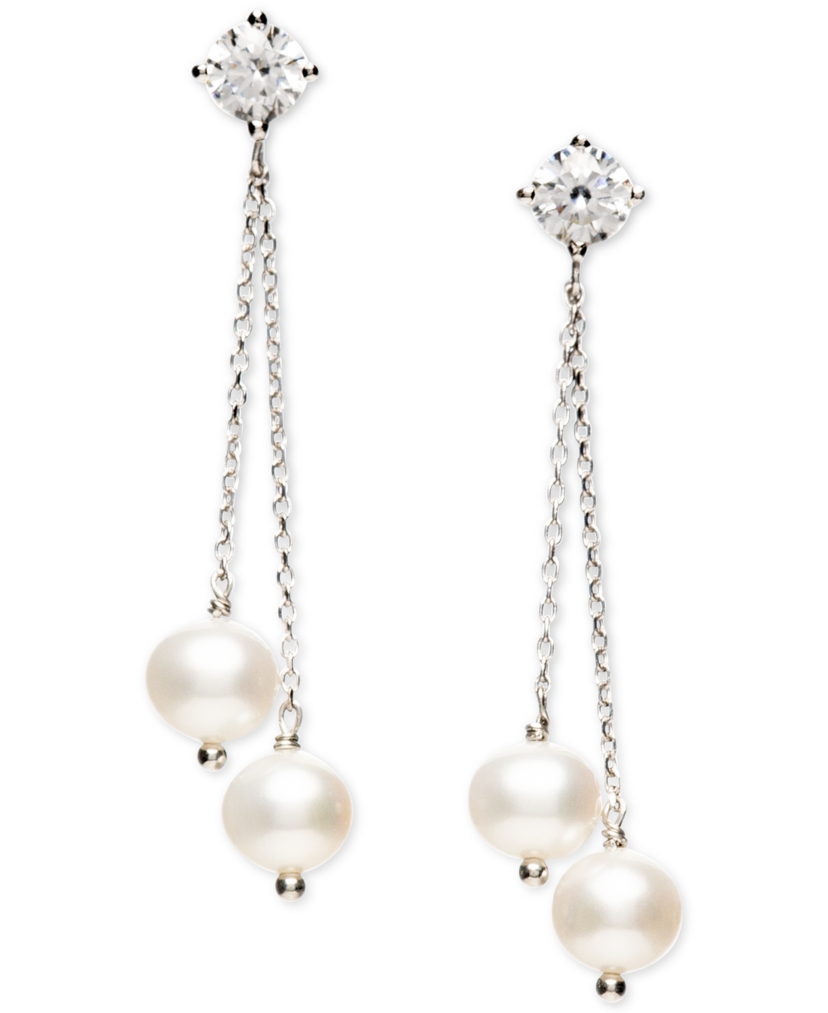 Macy's Cultured Freshwater Pearl (6-6-1/2mm) & Cubic Zirconia Double Chain Drop Earrings In Sterling Silver In Silver