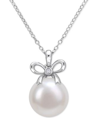 Macy's - Cultured Freshwater Pearl (12mm) & Lab-Created White Sapphire Accent Bow 18" Pendant Necklace in Sterling Silver