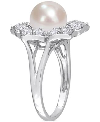 Cultured Freshwater Pearl (8-1/2mm) & Lab-Created White Sapphire (1-1/3 ct. t.w.) Flower Ring in Sterling Silver