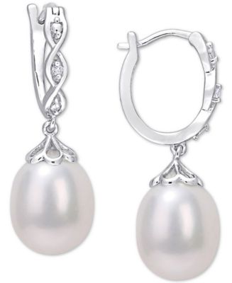 Cultured Freshwater Pearl (8mm) & Diamond Accent Dangle Hoop Earrings ...