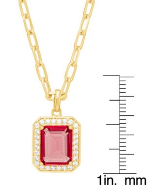 Simulated Ruby Cubic Zirconia Emerald-Cut Paperclip Pendant 18" Gold Plate Necklace