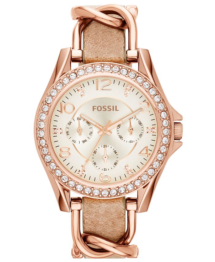 Fossil Women's Riley Rose Gold-Tone Chain and Bone Leather Strap Watch ...