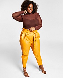 Trendy Plus Size Paper-Bag-Waist Pleather Pants, Created for Macy's