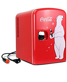 Coca-Cola Polar Bear Portable 6 Can Thermoelectric Mini Fridge Cooler/Warmer, 4 L/4.2 Quarts Capacity, 12V DC/110V AC for home, dorm, car, boat, beverages, snacks, skincare, cosmetics, medication