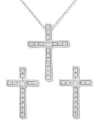 2-Pc. Set Diamond Cross Pendant Necklace & Matching Stud Earrings (1/6 ct. t.w.) in Sterling Silver