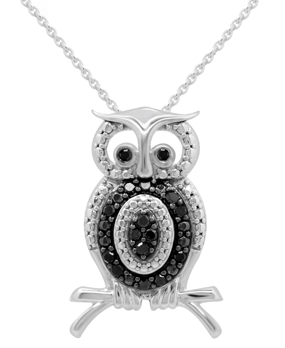 Macy's Black Diamond Owl 18" Pendant Necklace (1/6 Ct. T.w.) In Sterling Silver