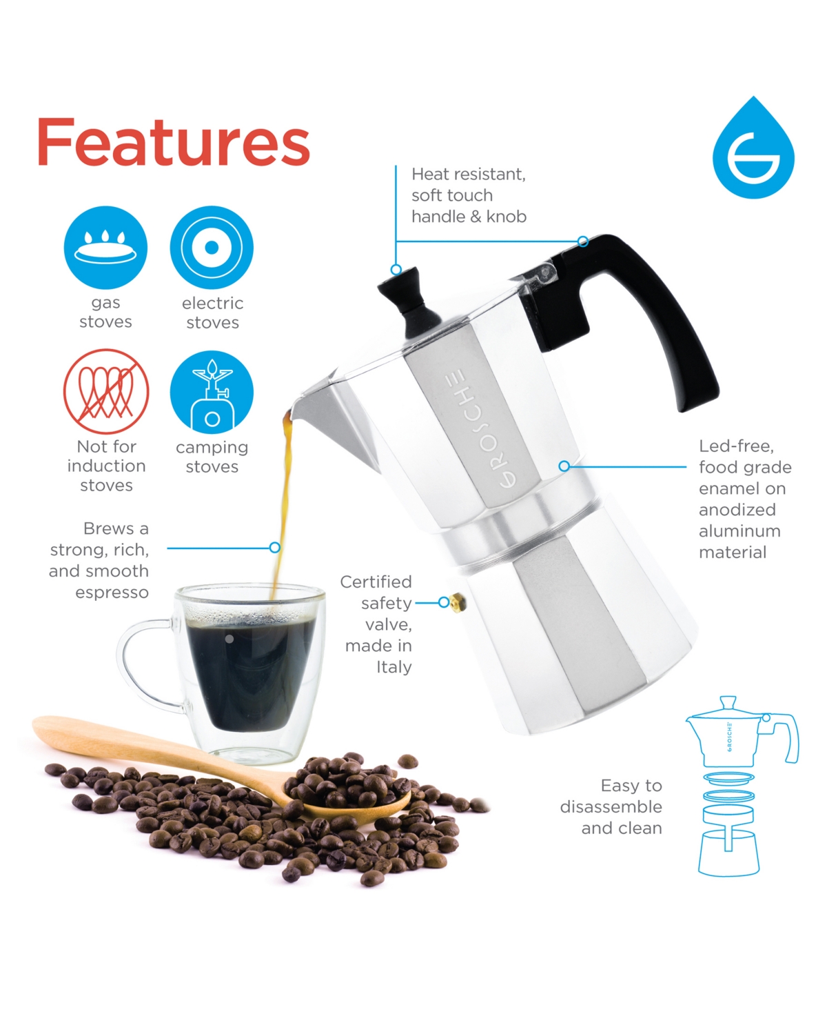 Grosche Milano Stovetop Espresso Maker Moka Pot 3 Espresso Cup Size - Silver-Tone