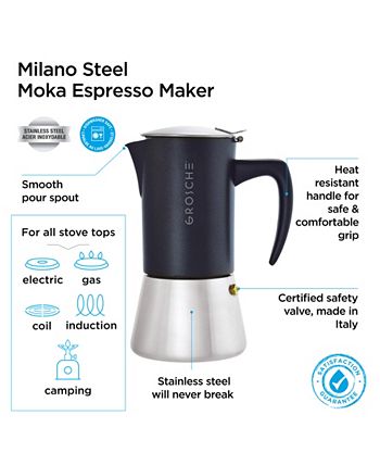 GROSCHE Milano Steel Stainless Steel Stovetop Espresso Maker Moka Pot 10 Espresso Cup size 20oz, Black/Silver