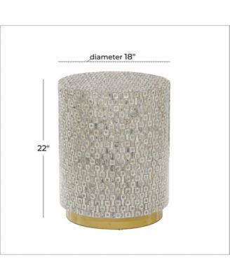 Mother of Pearl Drum Accent Table with Linear Mosaic Pattern and Gold Base
