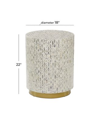Mother of Pearl Drum Accent Table with Linear Mosaic Pattern and Gold Base