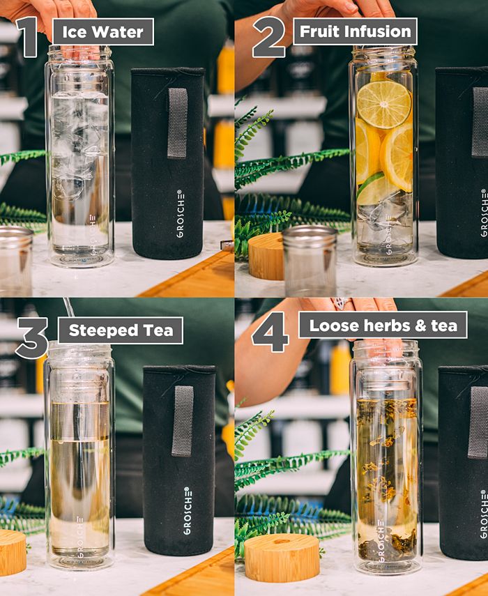 Grosche Copenhagen Tea & Fruit Infuser Bottle, Double Wall Glass Water Bottle