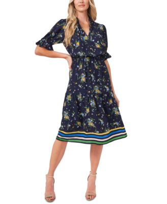 CeCe - Puff-Sleeve Printed Bouquet Ruffled Midi Dress