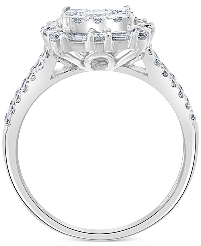 EFFY Collection - Diamond Round & Baguette Halo Cluster Engagement Ring (1-1/20 ct. t.w.) in 14k White Gold