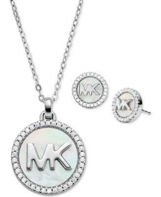 Michael Kors - Sterling Silver Pav&egrave; & Mother-of-Pearl Logo Pendant Necklace & Stud Earrings Set