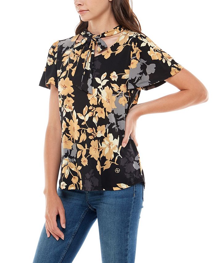Adrienne Vittadini Women's Flutter Sleeve Top with Bow Tie at Neck - Macy's
