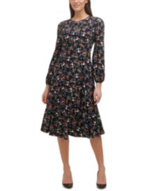 Printed Balloon-Sleeve Midi Dress