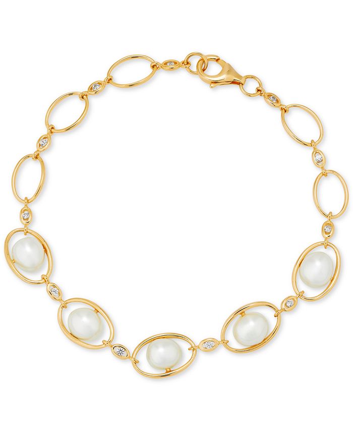 Macy's - Cultured Freshwater Pearl (7-7-1/2mm) & White Topaz (1/5 ct. t.w.) Oval Link Bracelet in 14k Gold-Plated Sterling Silver