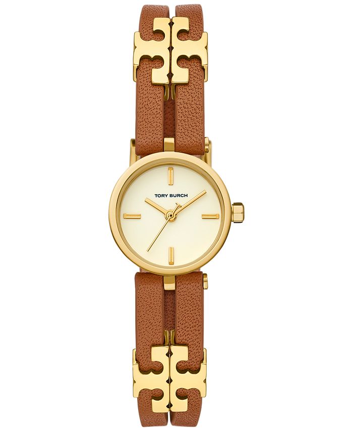 Tory Burch - Women's Gold-Tone Logo Brown Leather Strap Watch 22mm