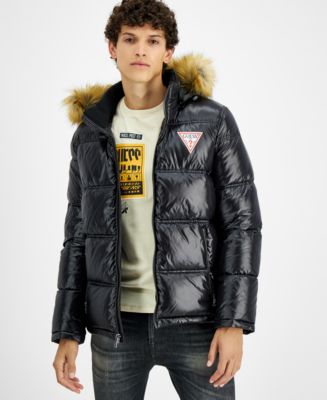 GUESS Men's Puffer Jacket With Faux Fur Hood - Macy's