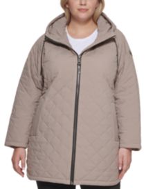 Plus Size Quilted Faux-Leather Trimmed Hooded Coat