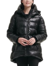 Petite Faux-Leather Hooded Puffer Coat