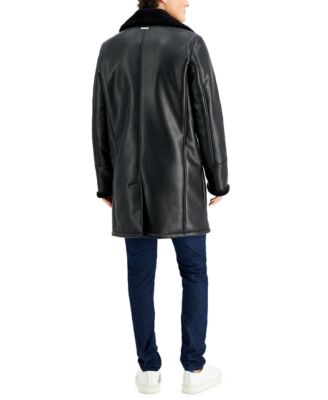 Guess Men's Long Pleather Double Breasted Coat with Faux Shearling Cuff and Collar - Black - Size S