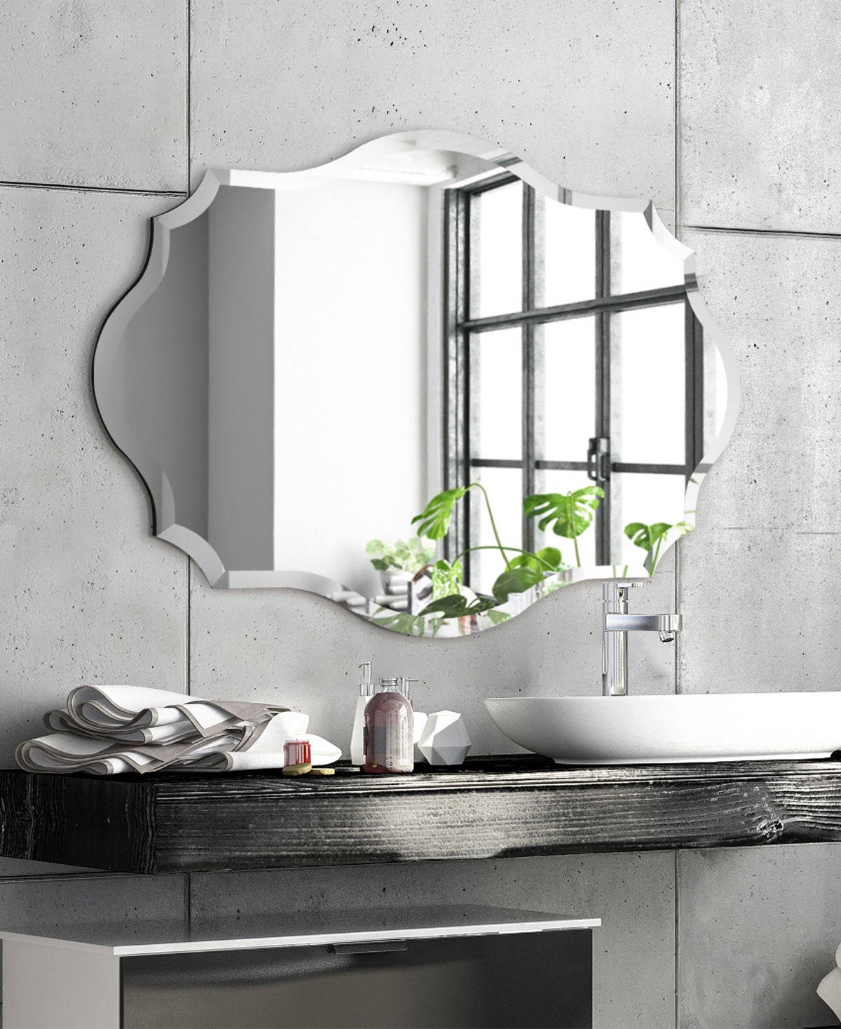 Empire Art Direct Frameless Beveled Oblong Scalloped Wall Mirror, 0.39