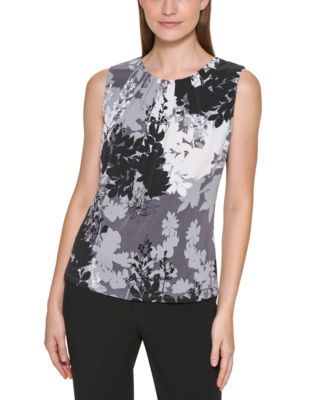 Calvin Klein - Floral Print Pleat-Neck Sleeveless Top