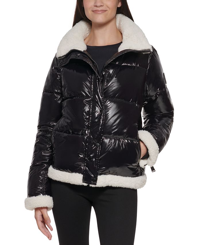DKNY Women's FunnelNeck FleeceTrimmed Puffer Jacket Macy's