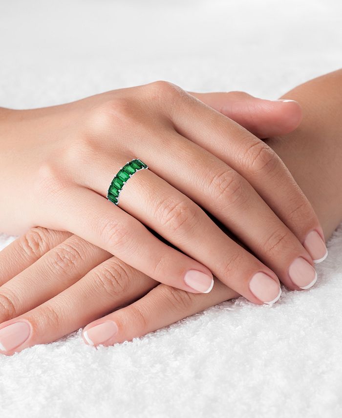 Macy's Green Emerald Cut Cubic Zirconia Eternity Band in Rhodium Plated