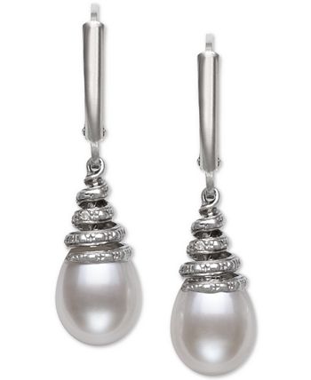 Macy's - Cultured Freshwater Pearl (8-9mm) & Diamond Accent Leverback Drop Earrings in Sterling Silver
