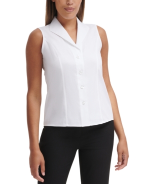 CALVIN KLEIN COTTON SLEEVELESS COLLARED BUTTON-DOWN BLOUSE