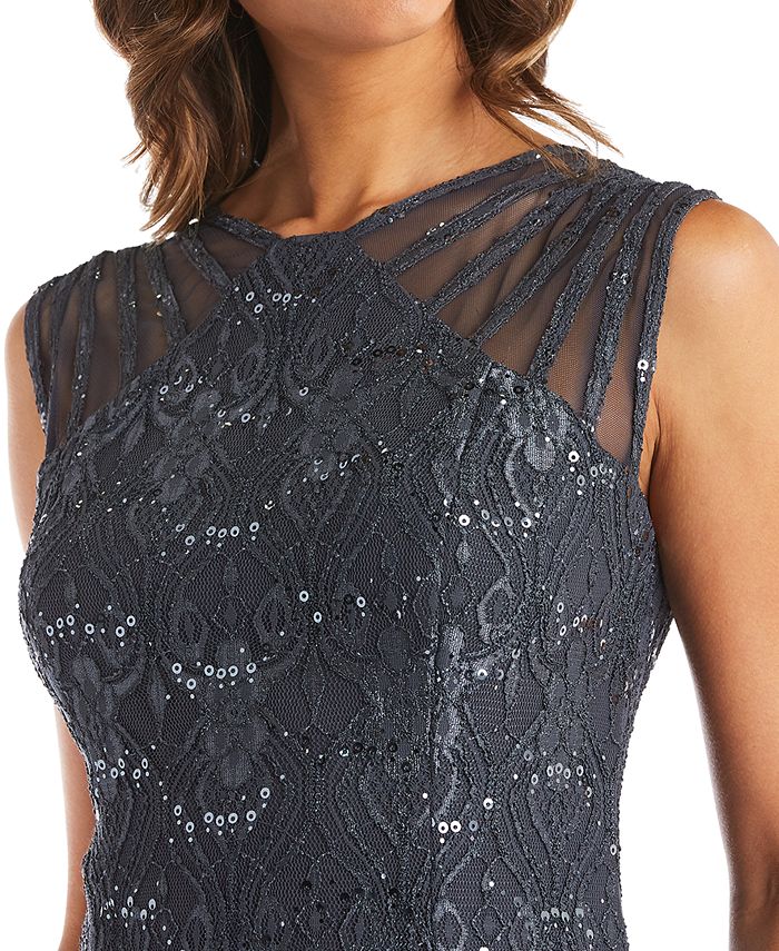 R & M Richards Women's Long Embellished Illusion-Detail Lace Gown - Macy's