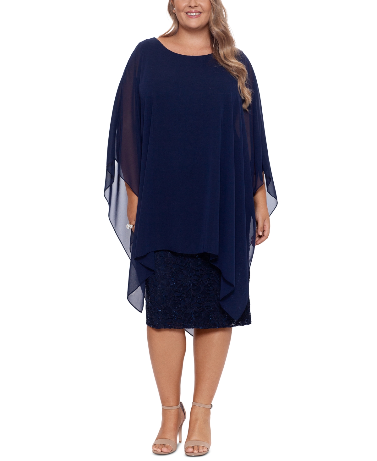 Betsy & Adam Plus Size Chiffon-overlay Sequin Lace Dress In Navy | ModeSens