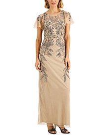 Papell Studio Beaded Illusion-Sleeve Gown