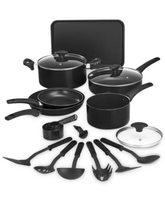 Photo 1 of Bella 17-Pc. Cookware Set Black
Set includes:
8" fry pan
10" fry pan
2.5-qt. saucepan and lid
3-qt. saucé pan and lid
5-qt. Dutch oven and lid
10" x 15" cookie pan
Six utensils: slotted and solid turners, slotted and solid spoons, ladle, pasta fork
Measur