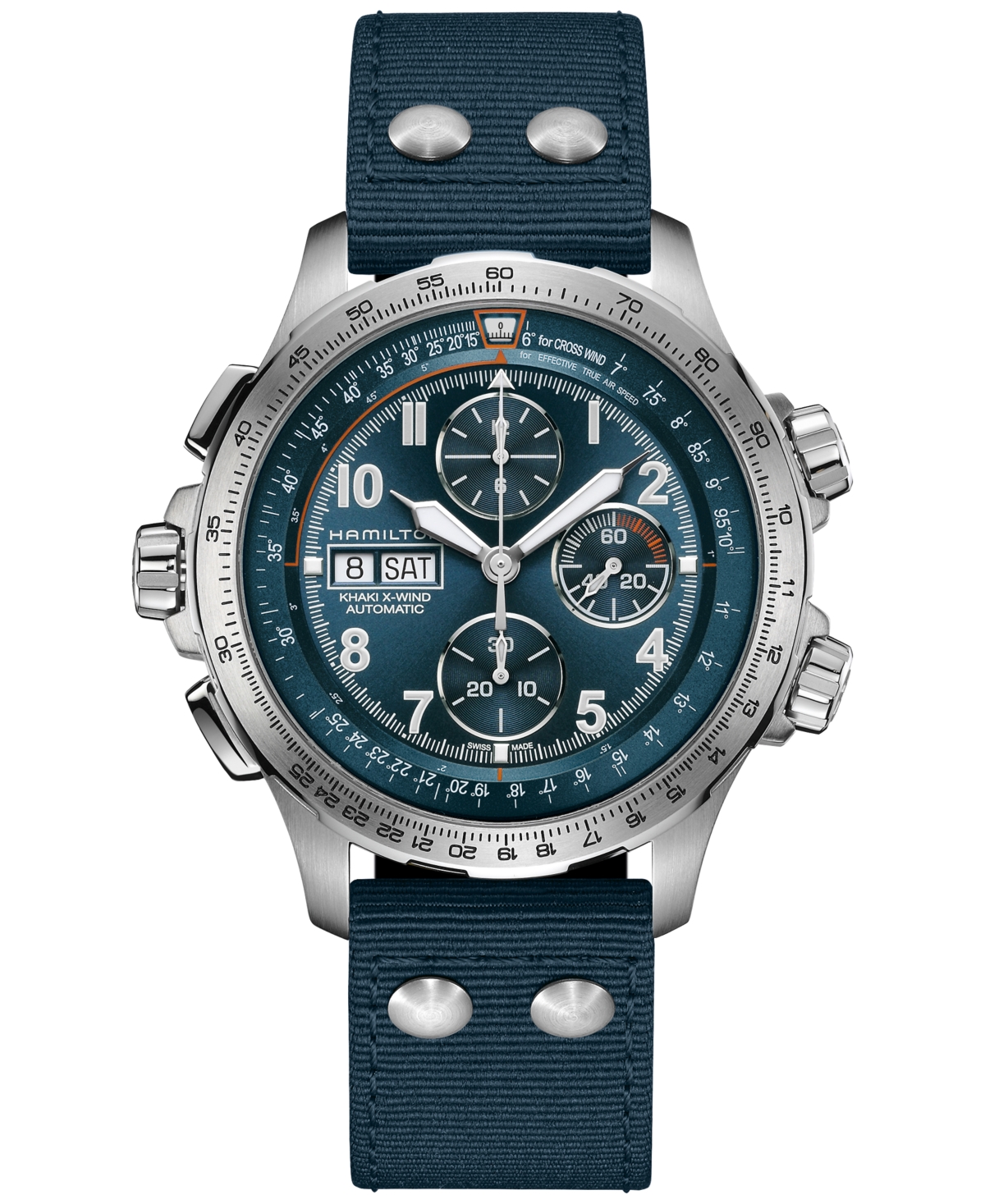 Men's Swiss Automatic Chronograph Khaki Aviation X-Wind Blue Textile Strap Watch 45mm - Blue