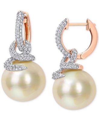Macy's - Cultured South Sea Pearl (10mm) & Diamond (1/2 ct. t.w.) Swirl Huggie Hoop Earrings in 14k Gold