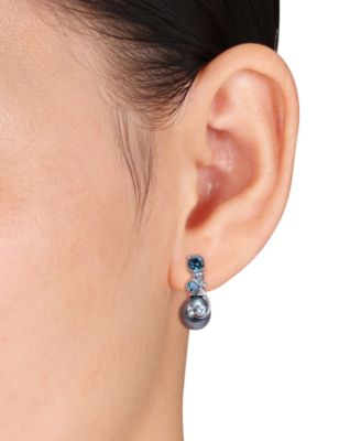 Cultured Tahitian Pearl (9mm) & Blue Topaz (2 ct. t.w.), & Diamond Accent Drop Earrings in 14k White Gold
