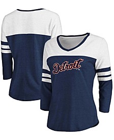 Women's Heathered Navy, White Detroit Tigers Official Wordmark 3/4 Sleeve V-Neck Tri-Blend T-shirt