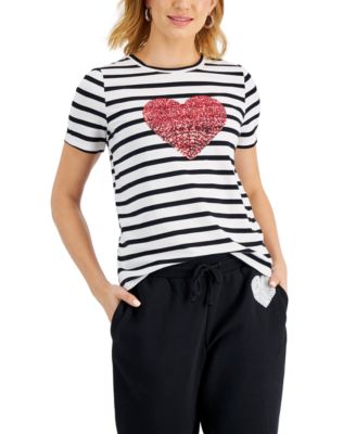 Charter Club - Striped Sequin-Heart-Graphic T-Shirt