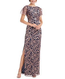 Flutter-Sleeve Embroidered Gown