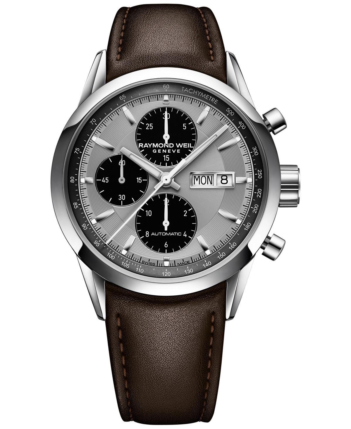 Shop Raymond Weil Men's Swiss Automatic Chronograph Brown Leather Strap Watch 42mm In Silver