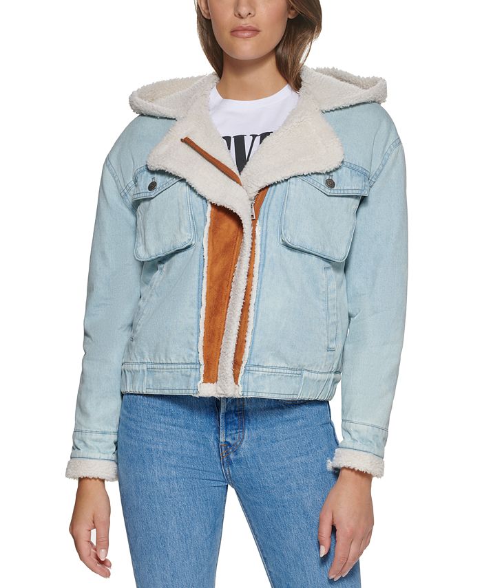 Levi's Mixed Denim Hooded Sherpa Lined Moto Jacket & Reviews - Jackets &  Blazers - Women - Macy's