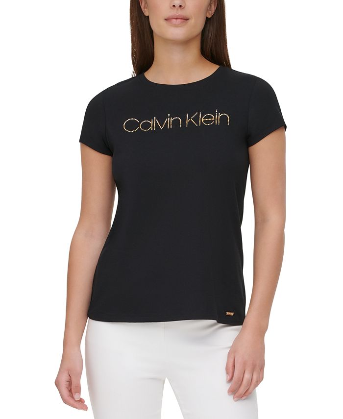 Calvin Klein Rhinestone Logo Short Sleeve & Reviews - Tops - Women - Macy's