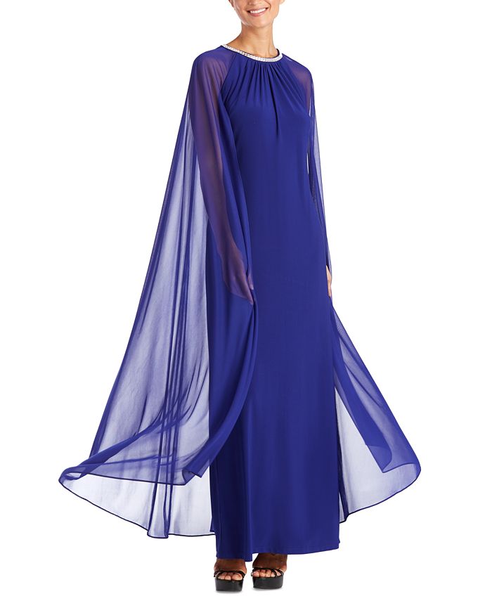 R & M Richards Women's Embellished Chiffon Cape Dress Blue Size 18W