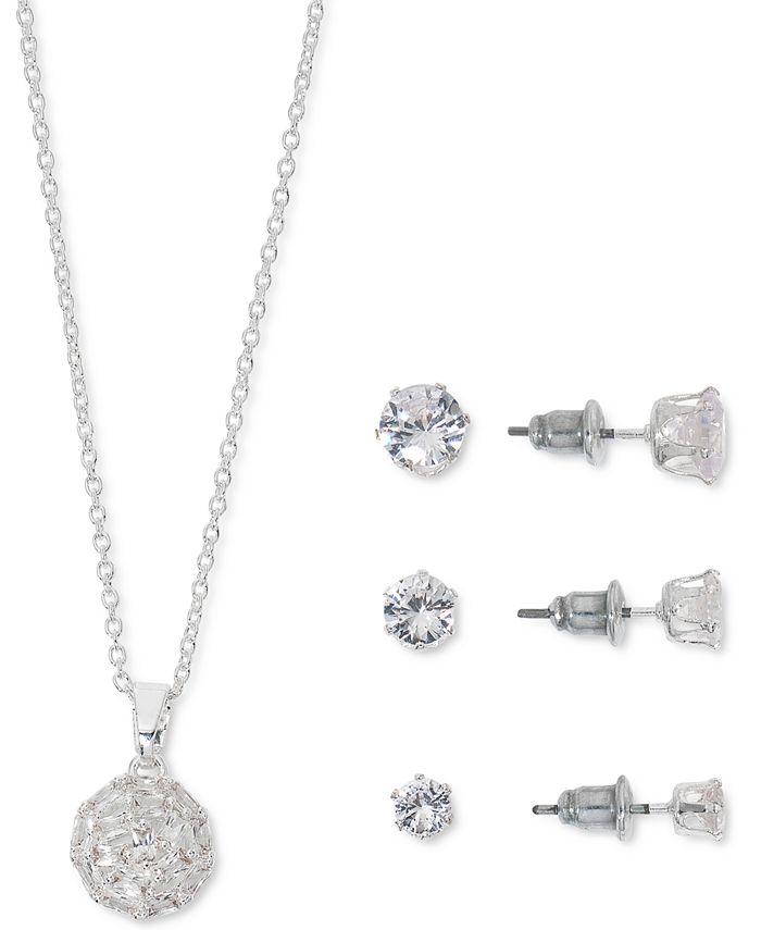 Macy s Cubic Zirconia Round Pendant Necklace 3 Pc. Stud Earrings